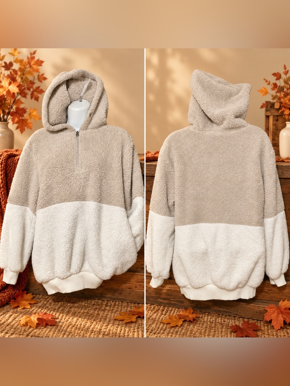 Cozy Grey & White Sherpa Quarter-Zip Hoodie | Size Small